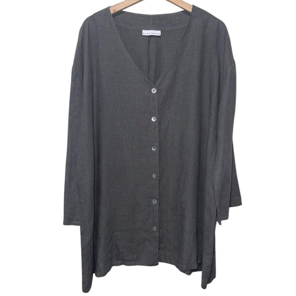 Bryn Walker Button Up Tunic Top Women Sz L Gray Linen Lagenlook Long‎ Sleeve